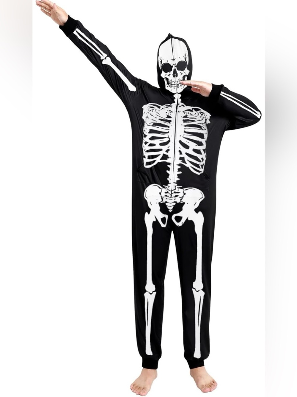Adult Black Skeleton Jumpsuit  Costume with Hood - Unbranded